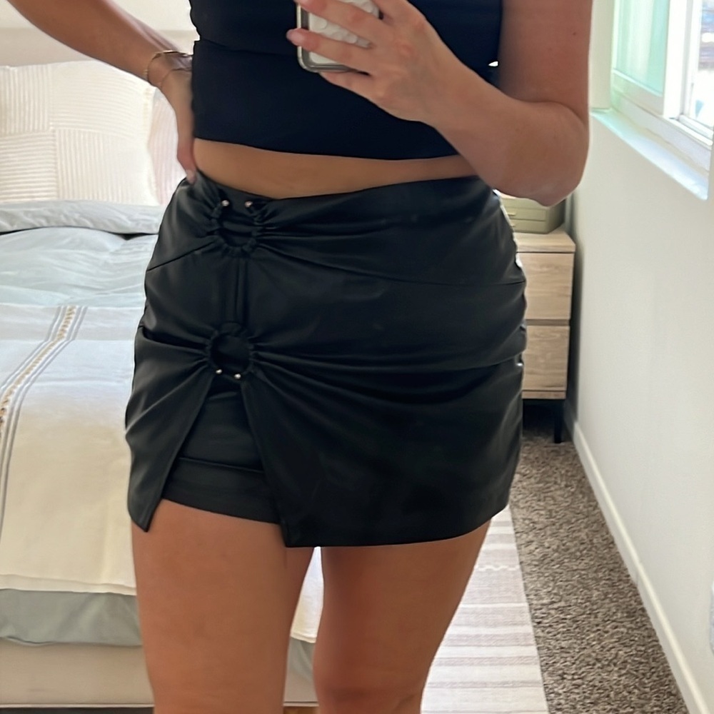 Black Faux Leather Mini Skirt with Silver Hardware